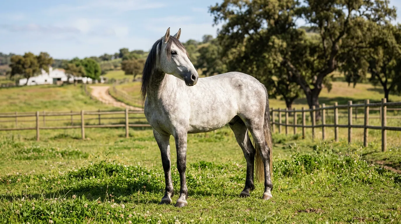 beautiful lusitano horse standing in a sunny paddock with green grass, professional equine photography setting
