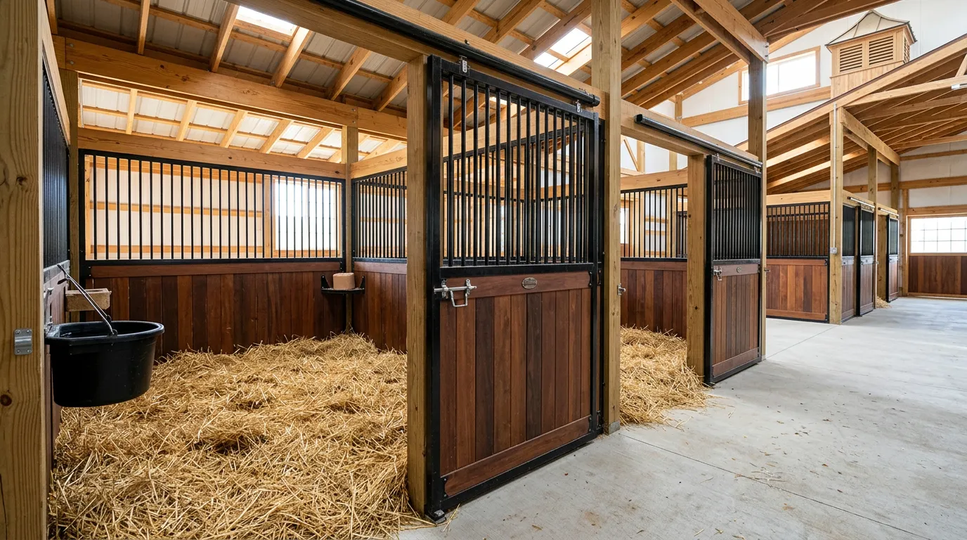 clean, bright horse stable interior with fresh straw bedding, water bucket, and ventilation, comfortable equine living space