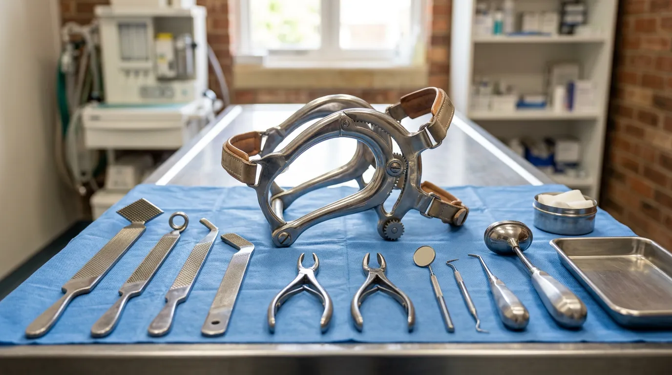 horse dental examination tools and mouth speculum laid out on a clean clinical table, dental care instruments, close-up