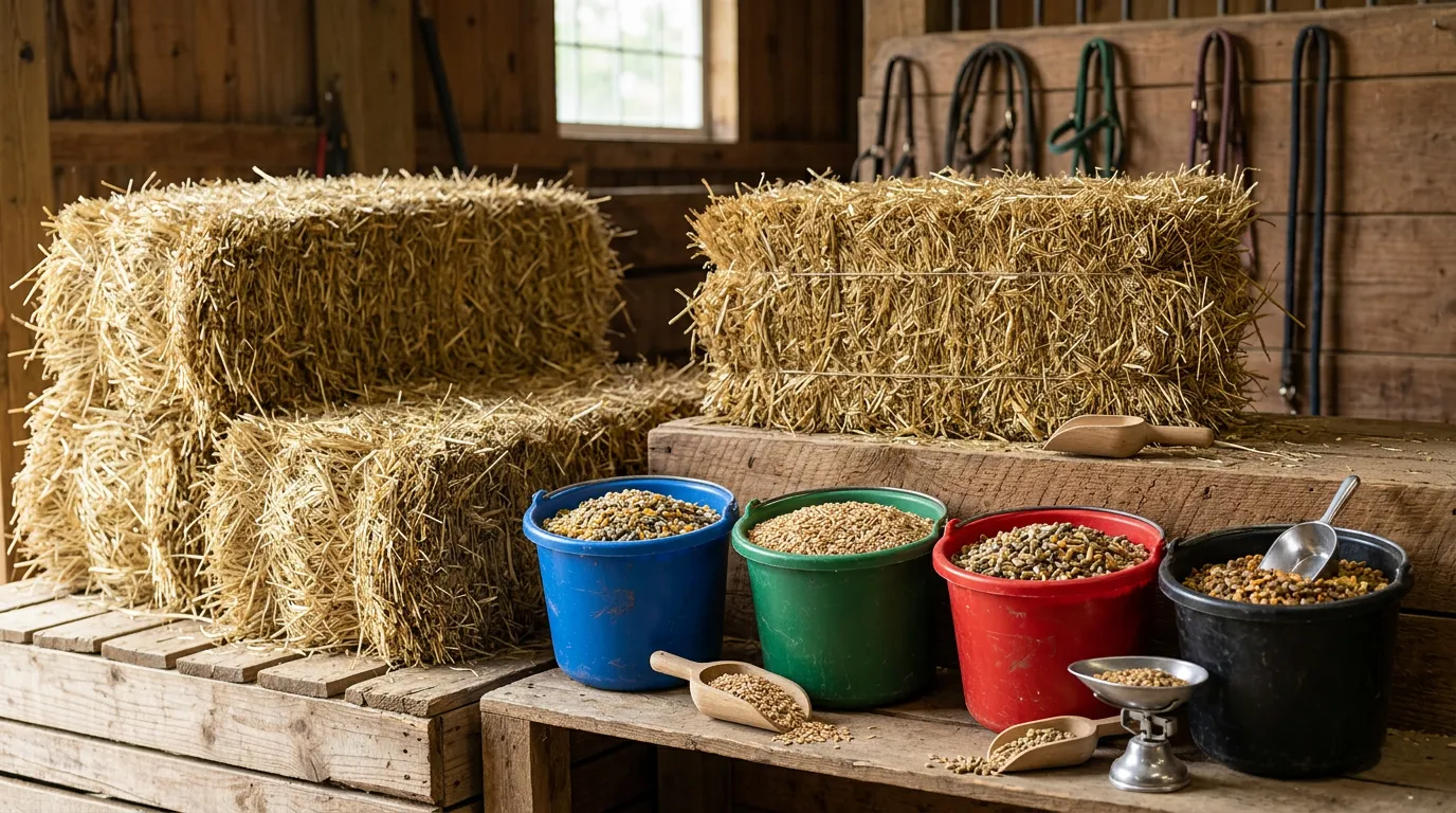 high-quality hay bales and horse feed buckets with measured grains displayed together, nutrition concept