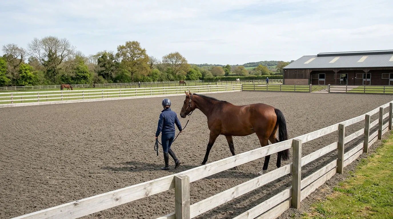 horse being led through a well-maintained arena with proper footing and fencing, safe riding environment, no people visible close-up
